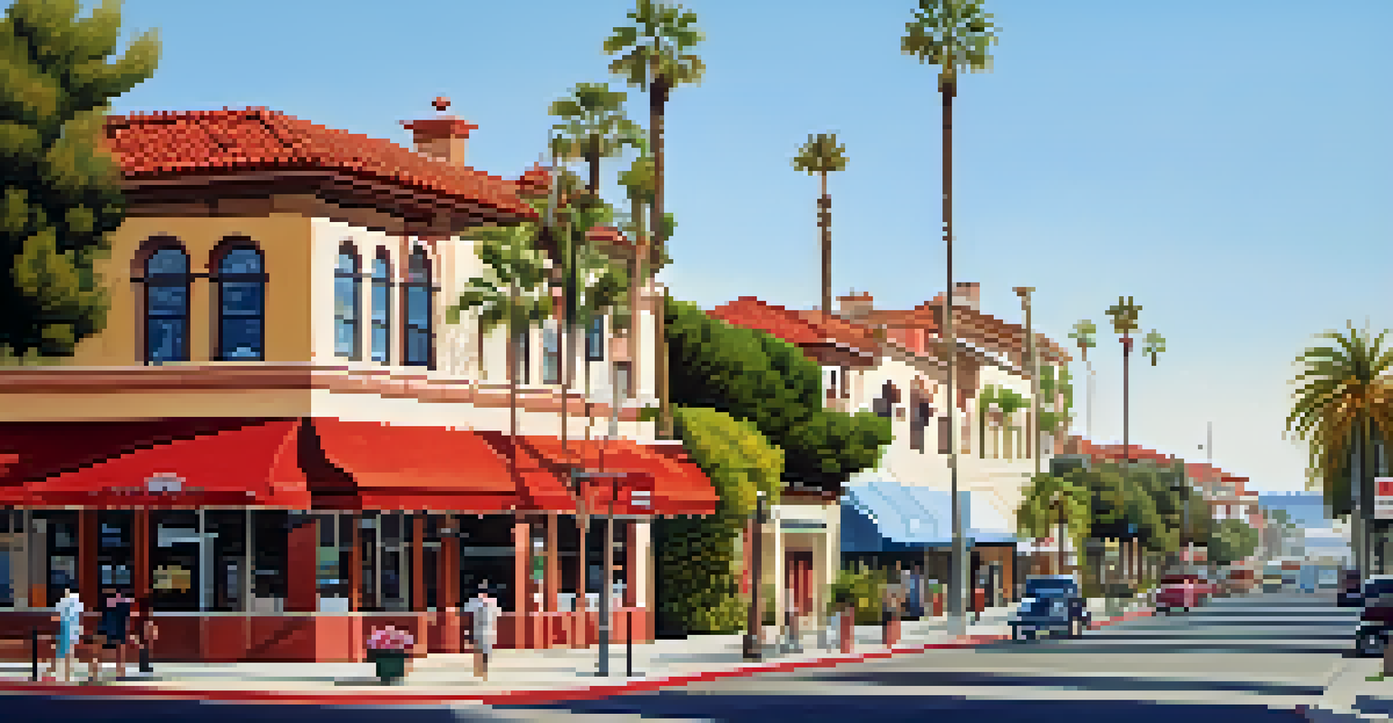 A street view of Carlsbad featuring several Mission Revival Style buildings with red-tiled roofs and pedestrians, under a bright sunny sky.
