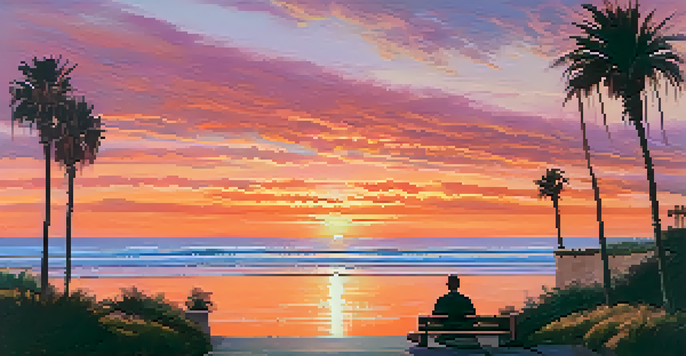 A beautiful sunset over the Pacific Ocean along Coastal Drive in Carlsbad, with palm trees and people walking on the beach.