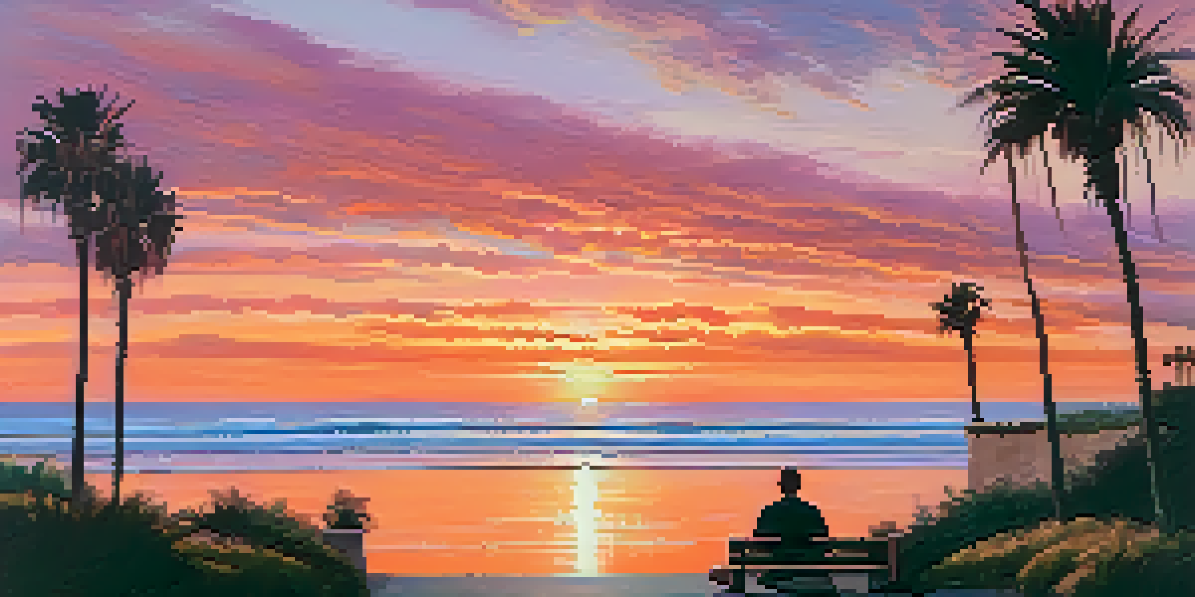 A beautiful sunset over the Pacific Ocean along Coastal Drive in Carlsbad, with palm trees and people walking on the beach.