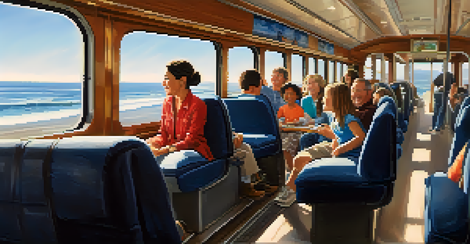 A family inside a train cabin, looking out at scenic views of the coast, highlighting their bonding experience.