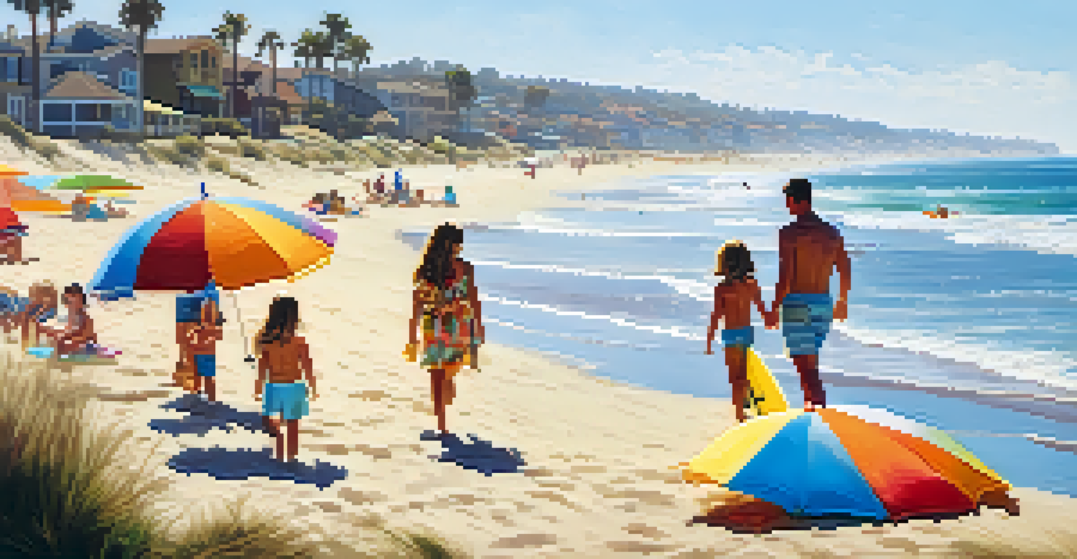 A family at the beach in Carlsbad, enjoying a sunny day with surfboards and beach umbrellas on the shore.