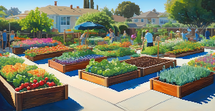 A lively community garden with raised beds of vegetables and flowers, and neighbors interacting in the warm afternoon sun.