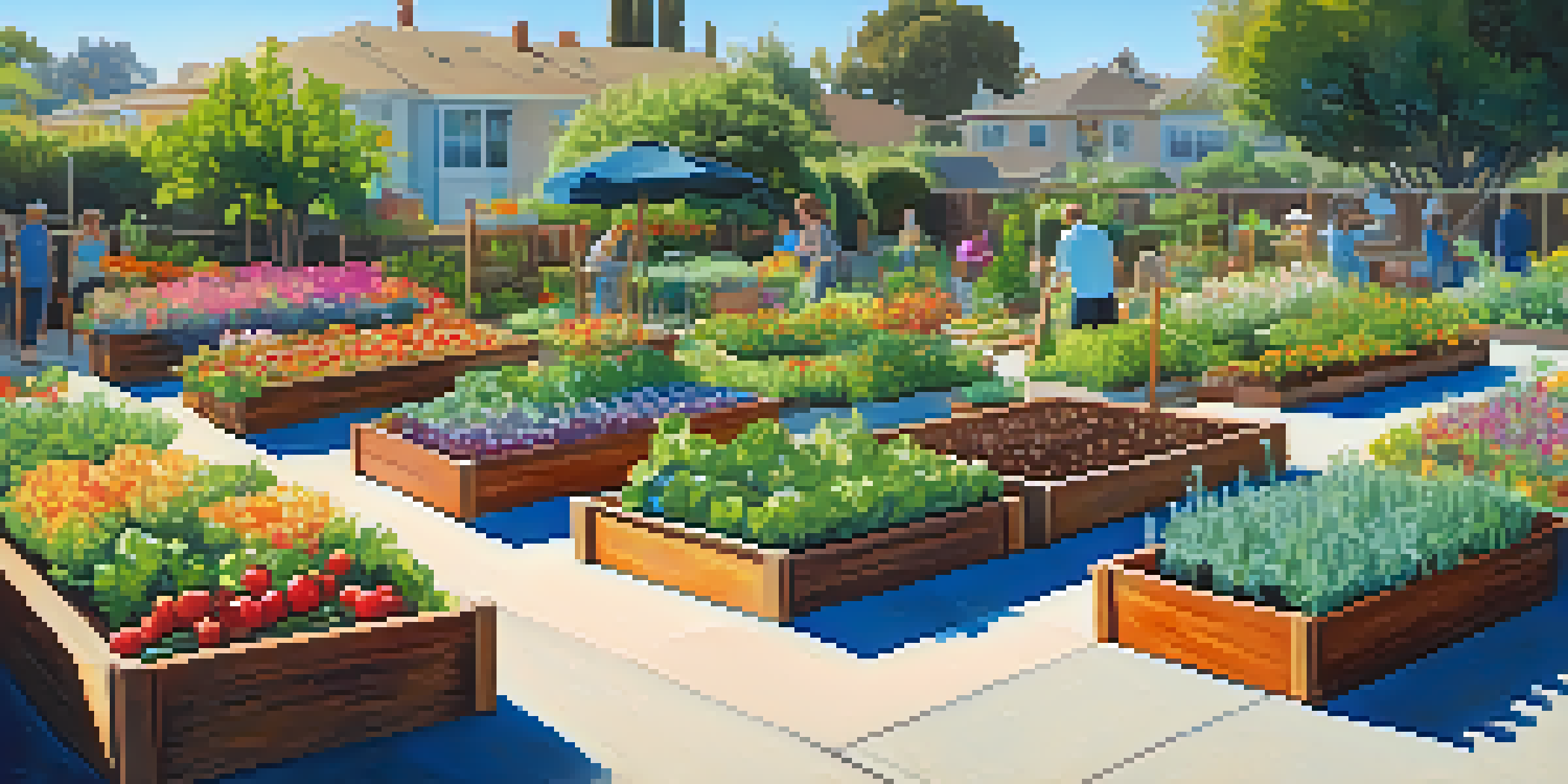 A lively community garden with raised beds of vegetables and flowers, and neighbors interacting in the warm afternoon sun.