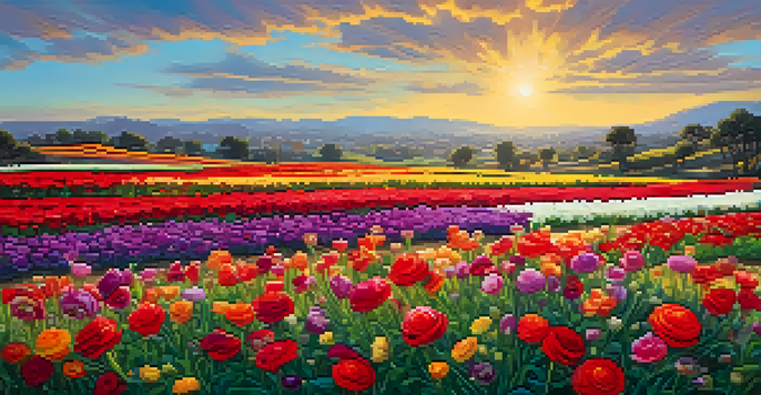 A colorful landscape of flowers in Carlsbad's Flower Fields under a blue sky, with hills in the background.