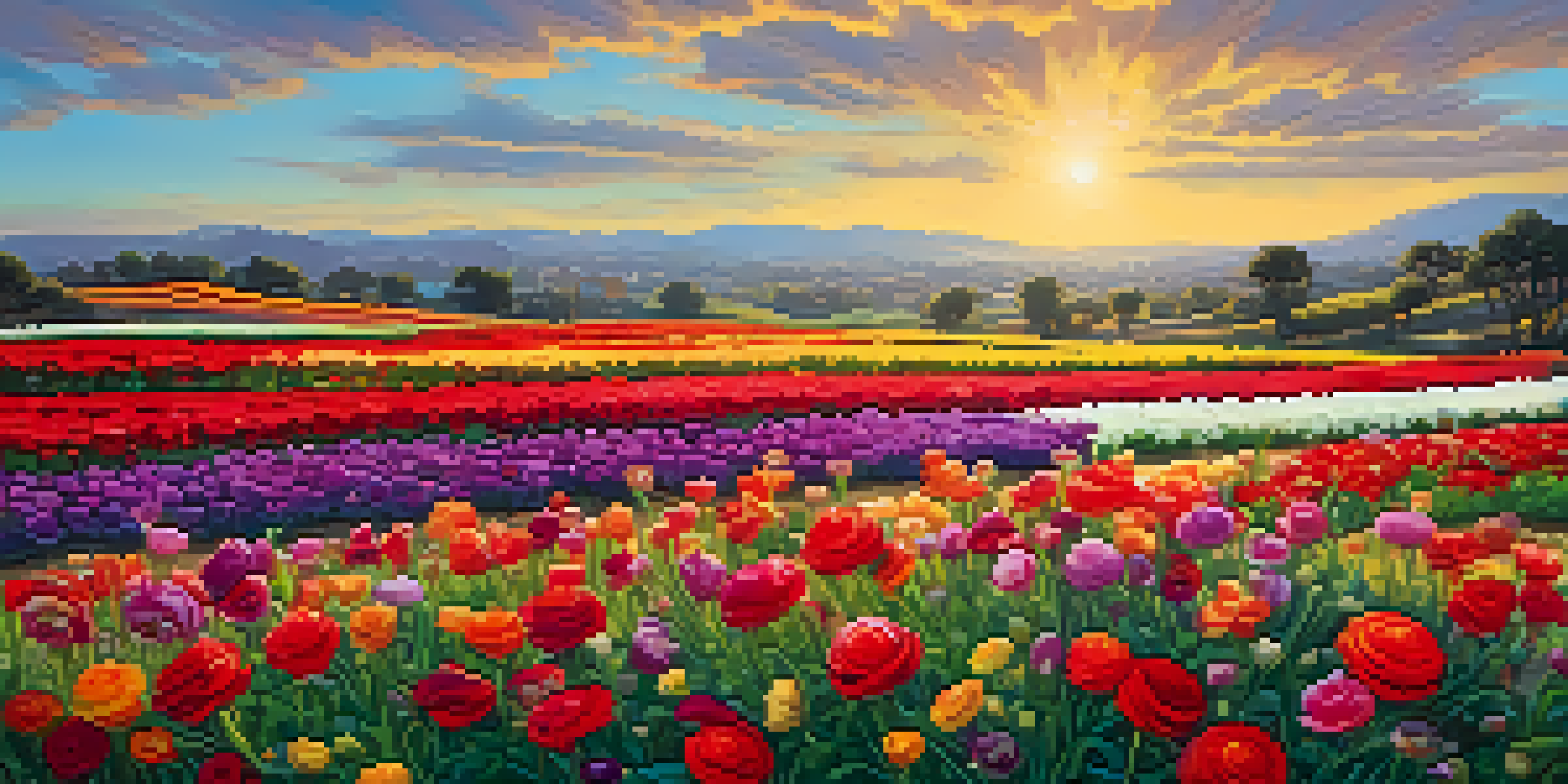 A colorful landscape of flowers in Carlsbad's Flower Fields under a blue sky, with hills in the background.