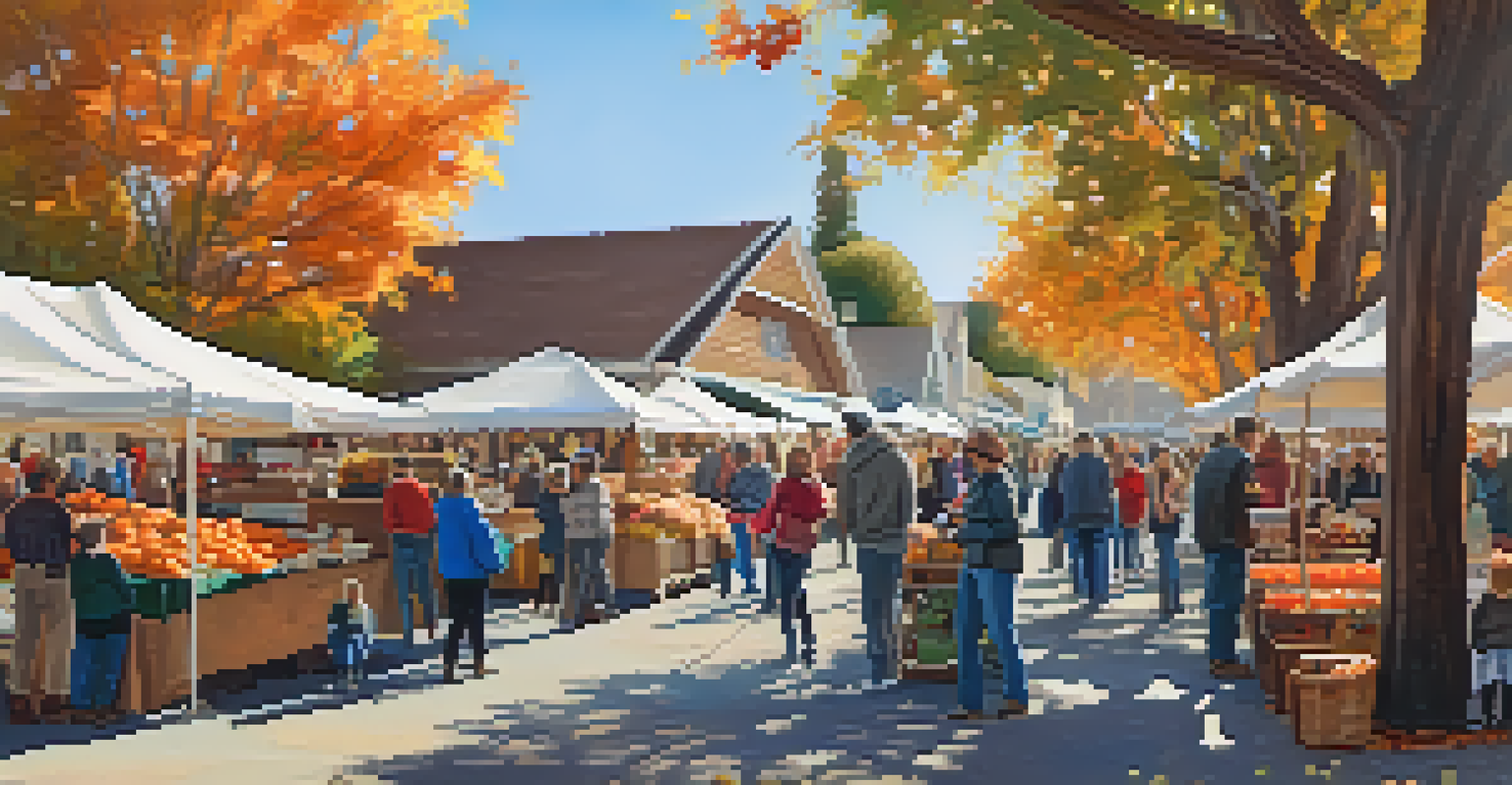 A lively fall market in Carlsbad filled with seasonal goods, with people enjoying the atmosphere and colorful fall leaves in the background.