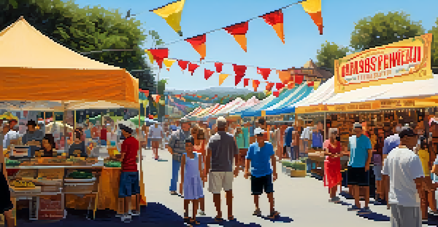 A lively Carlsbad Village Fair scene showcasing cultural diversity with stalls, musicians, and families enjoying food under colorful tents.