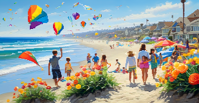 A family-friendly beach in Carlsbad during spring, with kites in the sky and blooming flowers in the background.