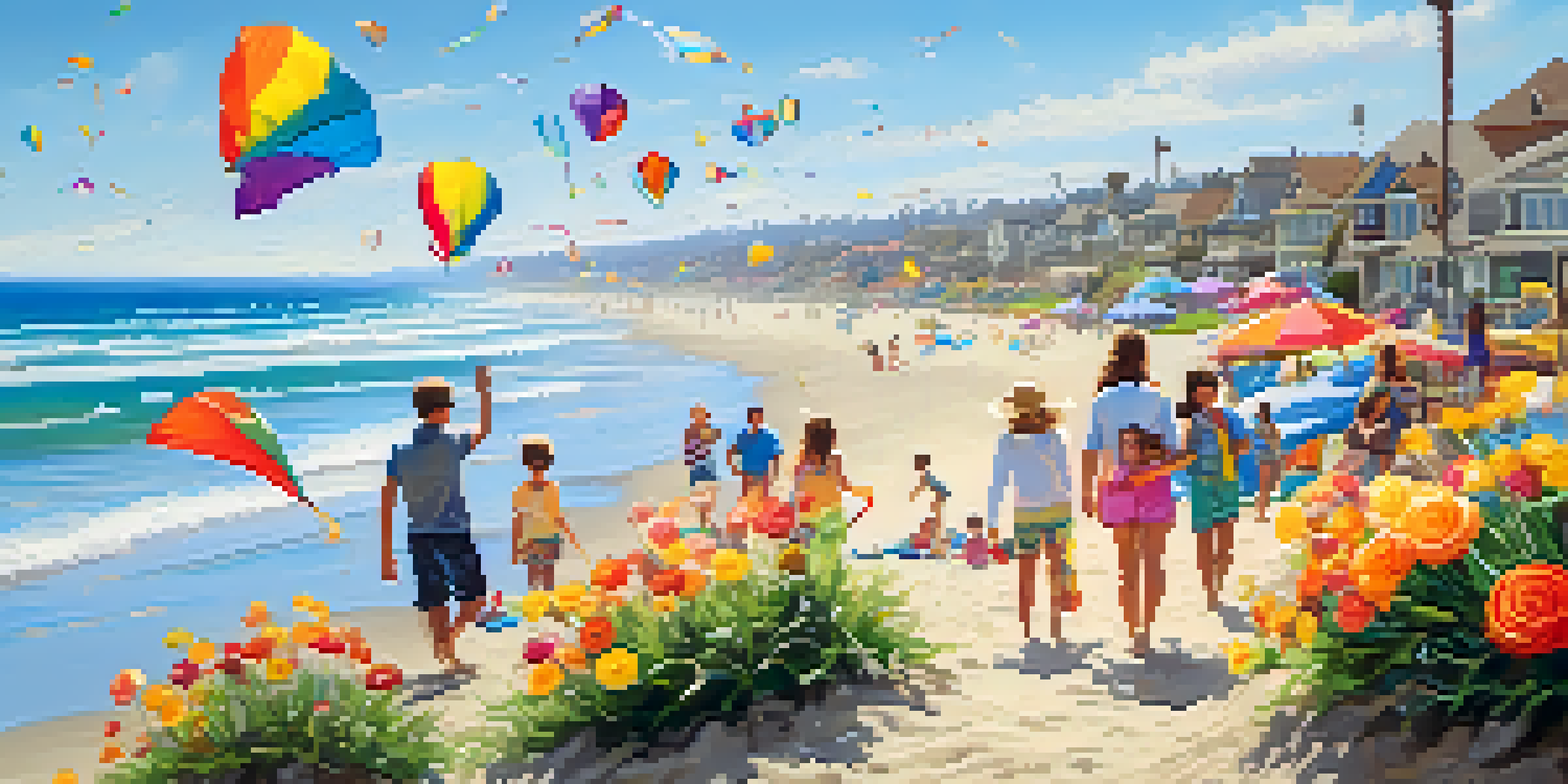 A family-friendly beach in Carlsbad during spring, with kites in the sky and blooming flowers in the background.