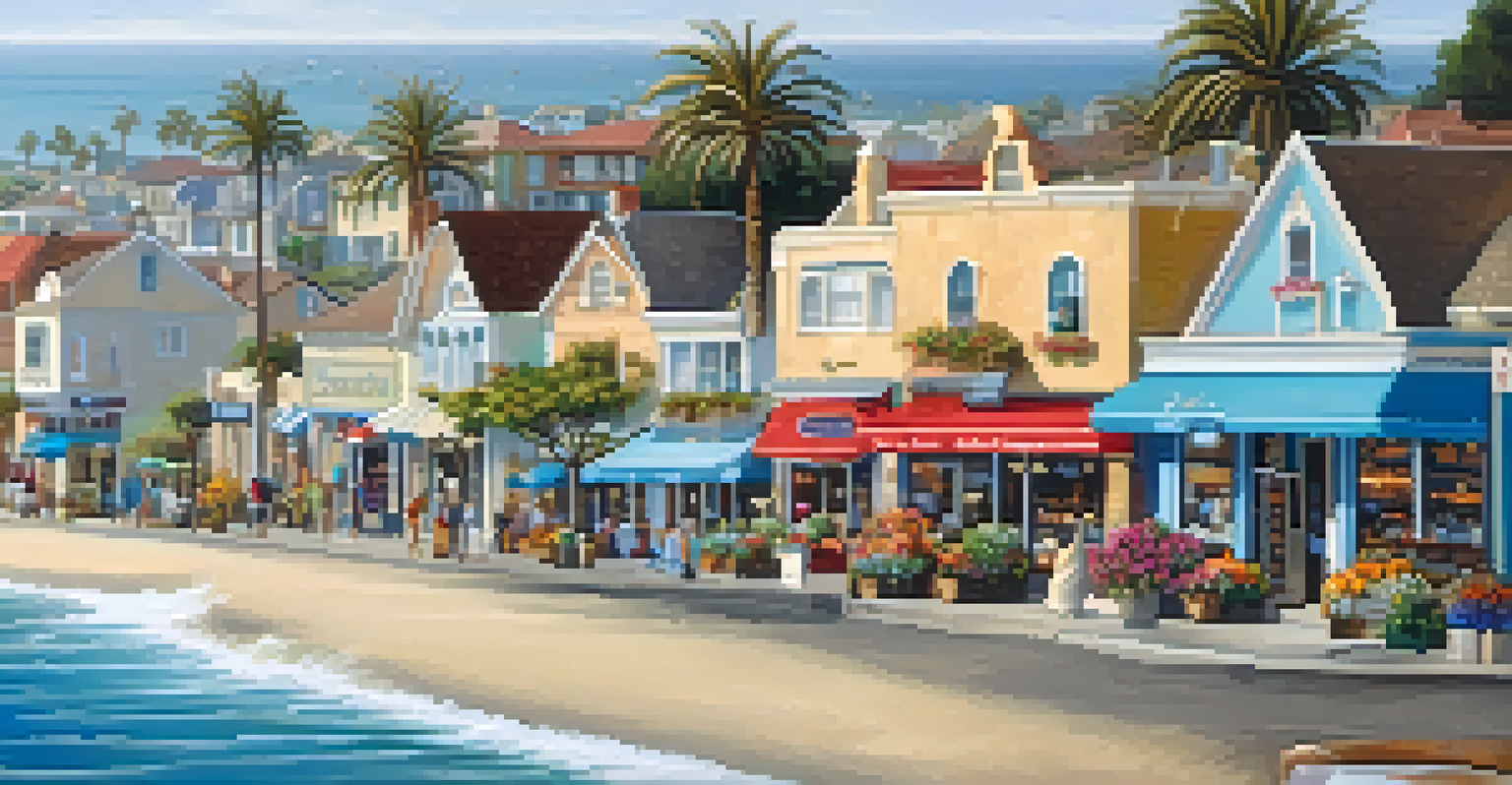 A charming coastal village in Carlsbad with quaint shops, cafes, and families enjoying a sunny day by the ocean.