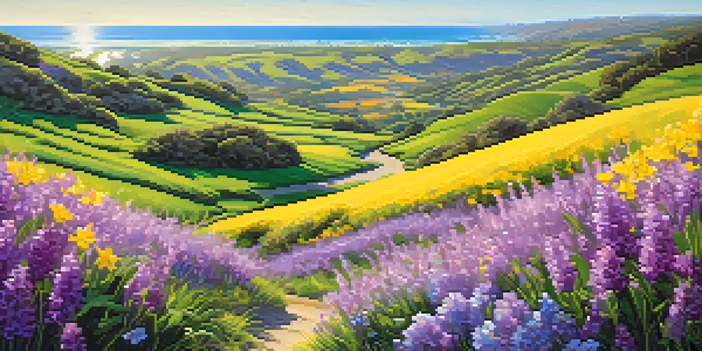 A colorful spring landscape with blooming flowers and green hills in Carlsbad.