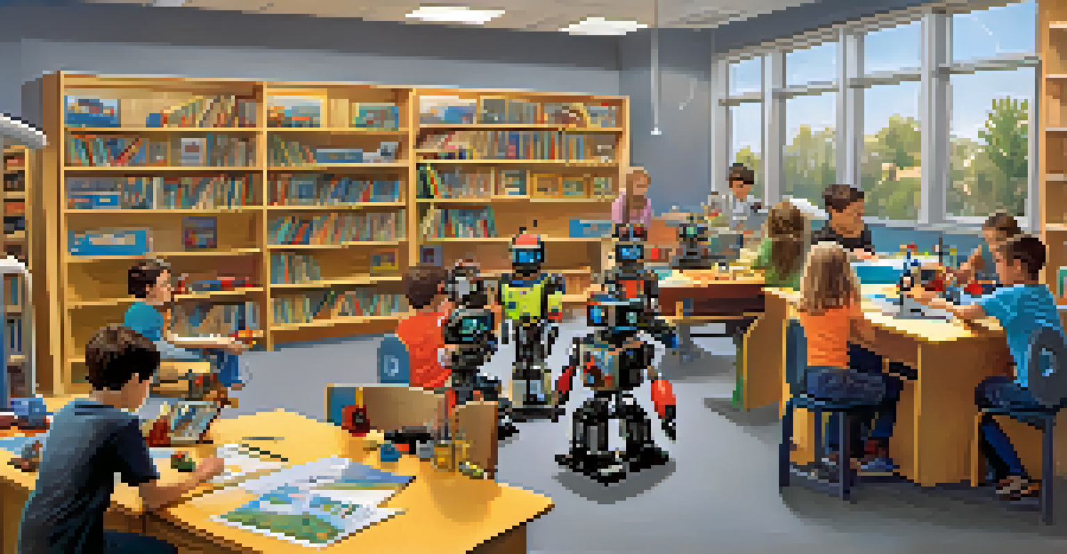 Kids working together on robotic kits in a library, showcasing collaboration and excitement in a well-lit environment.