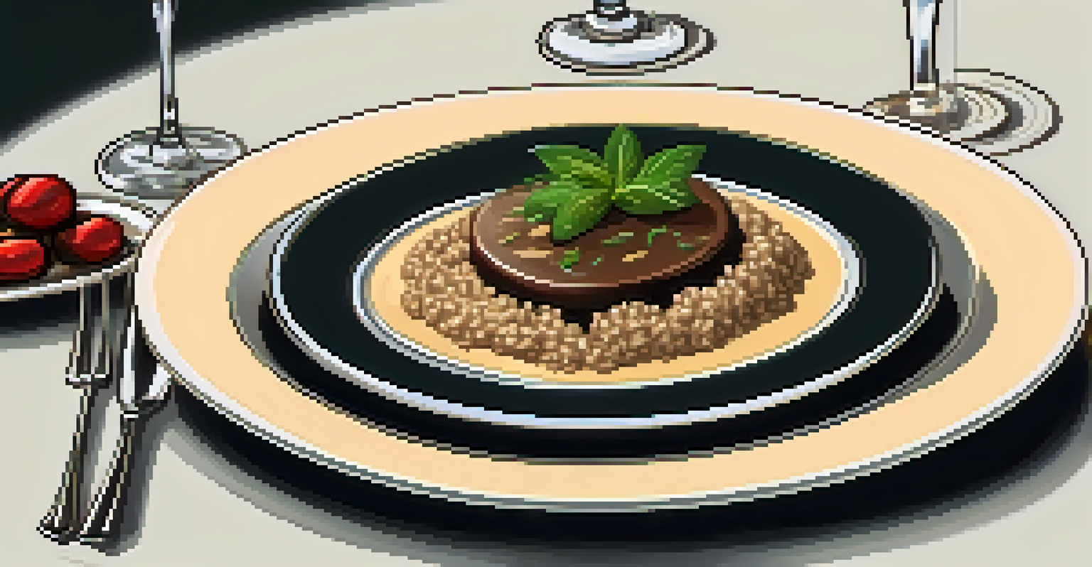 An elegant dinner table with a vegan tasting menu, including mushroom risotto and chocolate mousse, softly lit by candles.