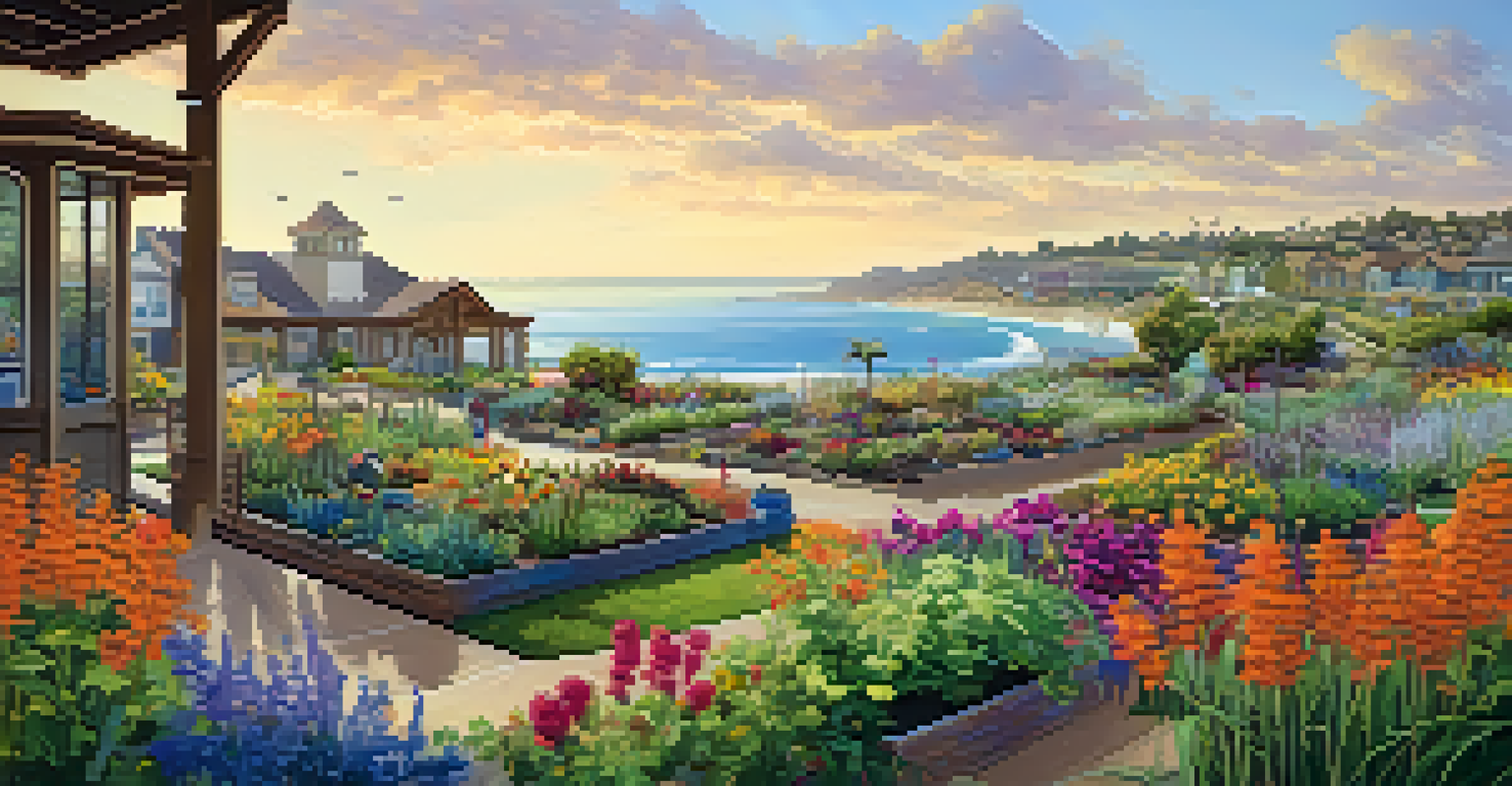 A community garden in Carlsbad with native plants and flowers, people gardening, and a view of the coastline in the background.