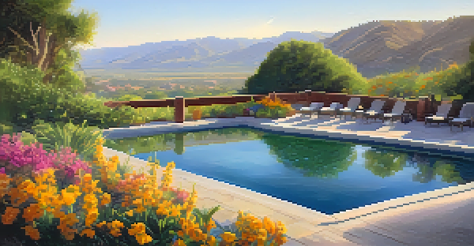 A tranquil landscape of natural hot springs in Carlsbad, California, with steam rising and flowers blooming under golden sunlight.