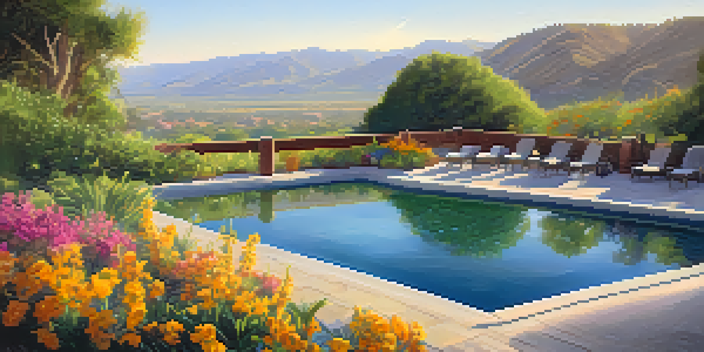 A tranquil landscape of natural hot springs in Carlsbad, California, with steam rising and flowers blooming under golden sunlight.