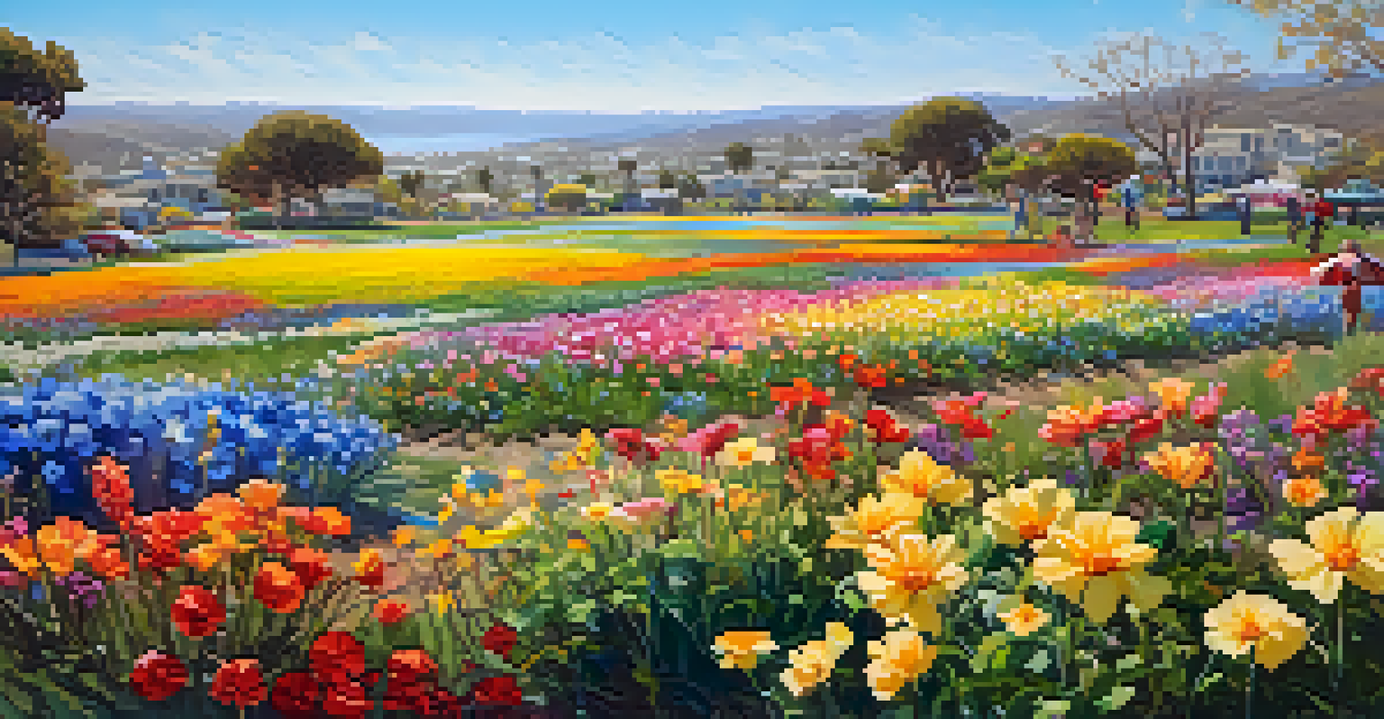 Families enjoy a sunny day in a colorful flower field in Carlsbad during late February, surrounded by blooming flowers and butterflies.