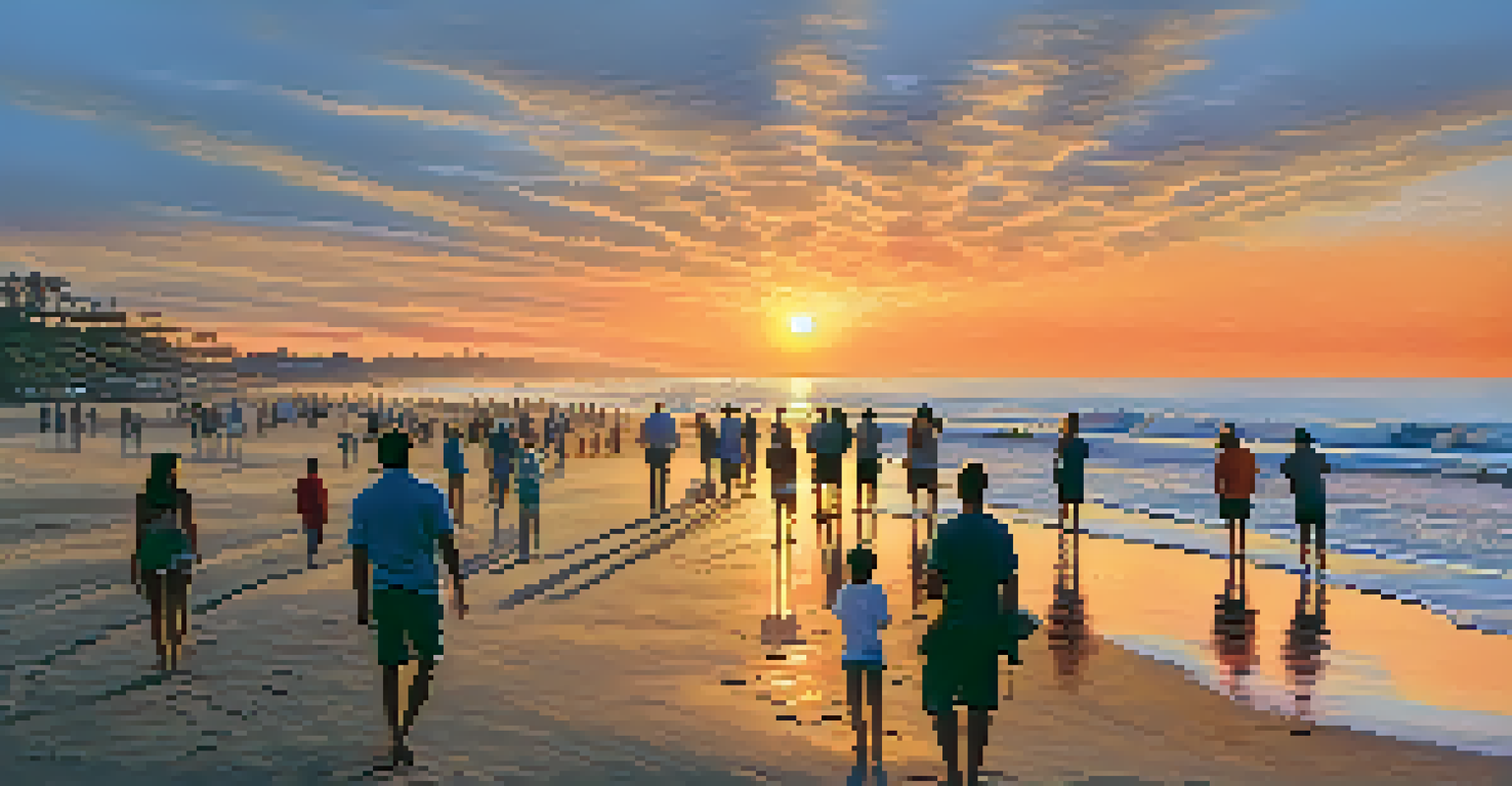 A beautiful sunset at Ponto Beach with people enjoying the view and colorful skies.