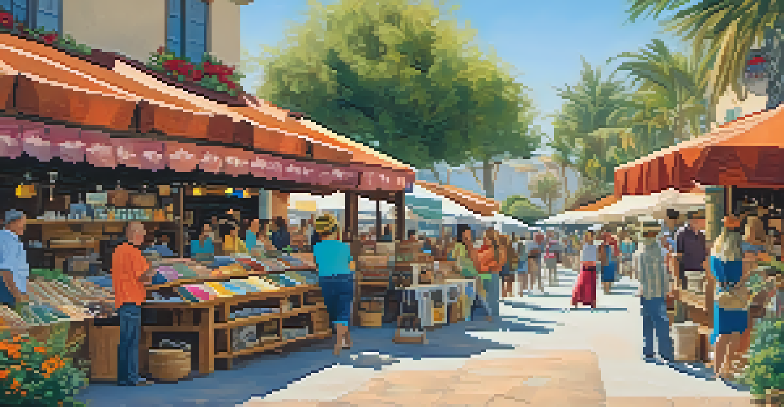 A bustling artisan market in Carlsbad Village with colorful booths of handmade crafts, surrounded by greenery and visitors.