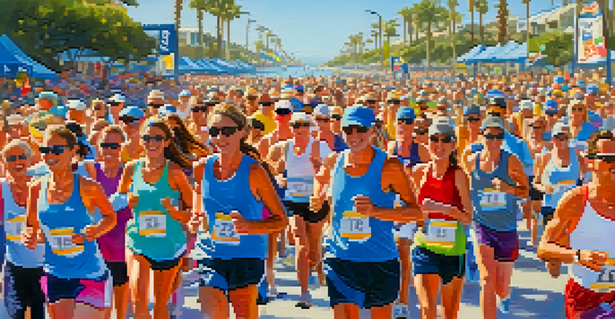 A colorful image of runners participating in the Carlsbad Marathon with the ocean in the background and a cheering crowd.