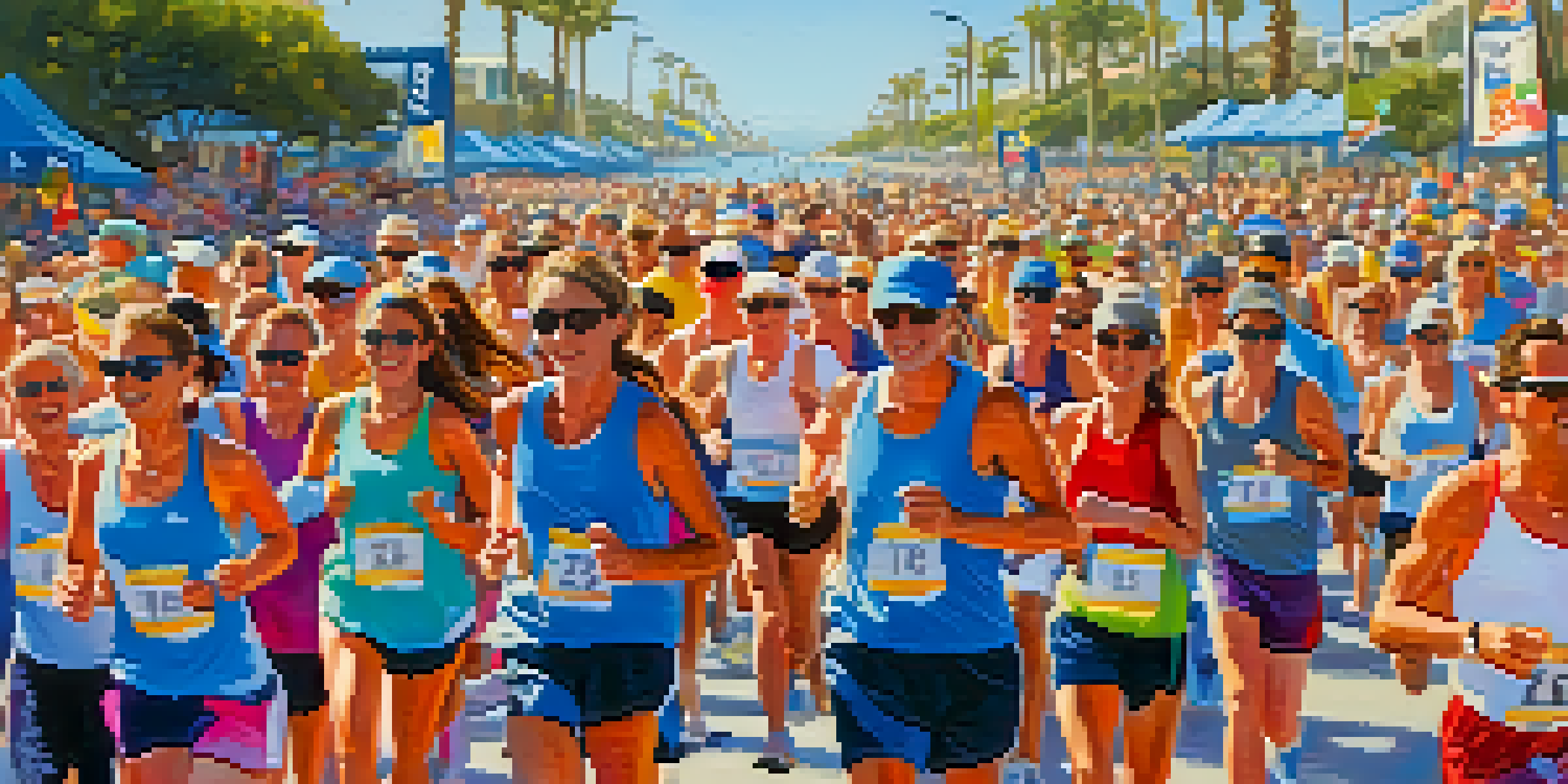 A colorful image of runners participating in the Carlsbad Marathon with the ocean in the background and a cheering crowd.