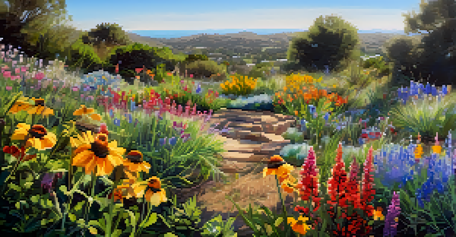 A colorful garden filled with native wildflowers and pollinators like bees and butterflies, highlighting biodiversity.