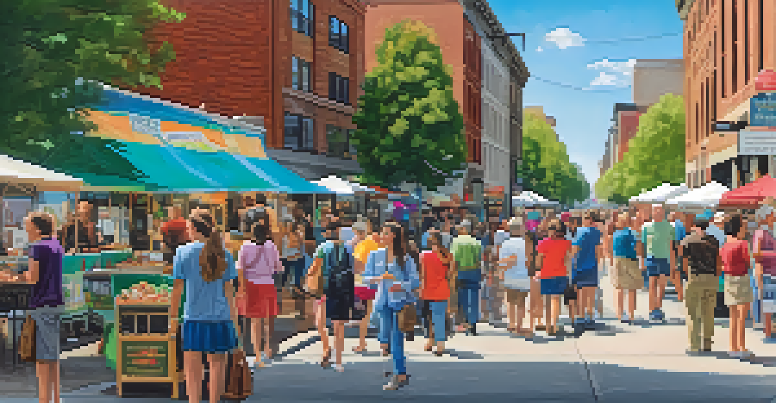 A lively street scene during an art walk with booths, artists, and attendees enjoying the community event.