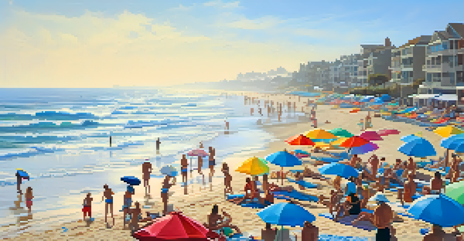 Artists painting on the beach in Carlsbad, with waves in the background and colorful beach umbrellas.
