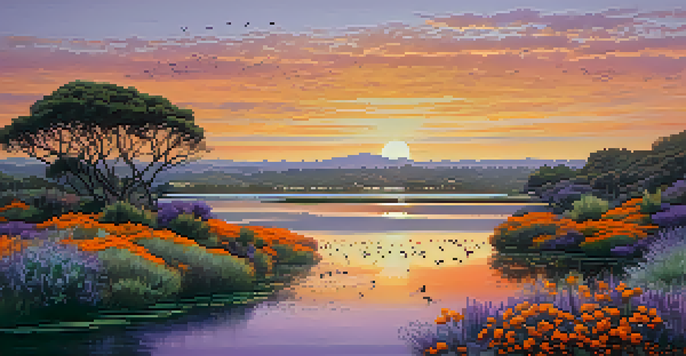 A beautiful sunset over Batiquitos Lagoon with colorful reflections and birds in the sky, surrounded by native plants.