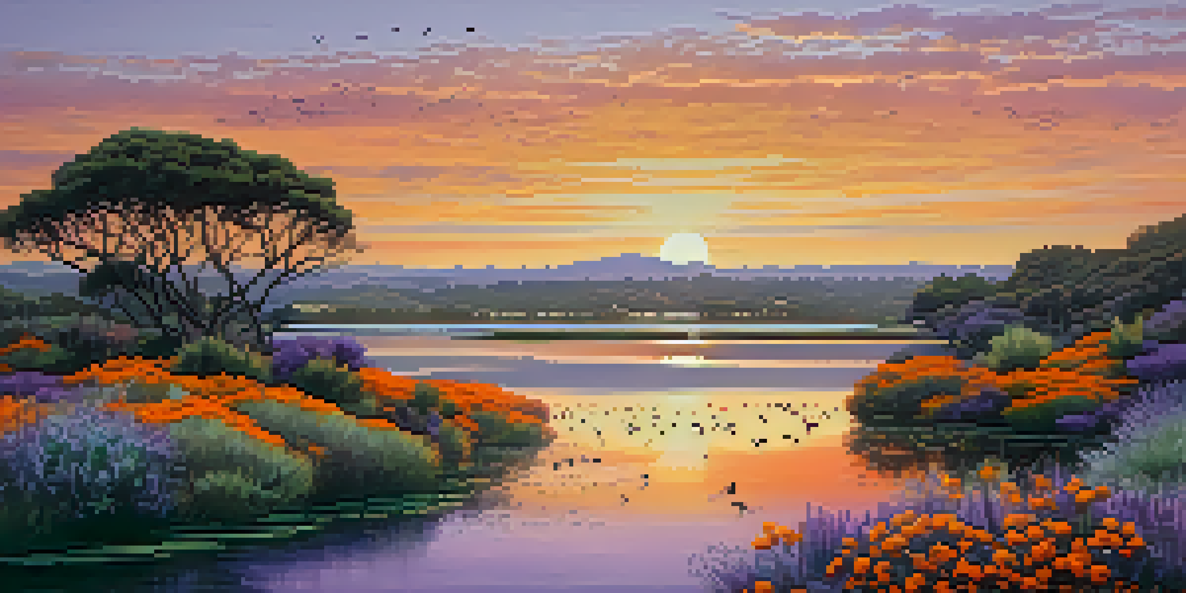 A beautiful sunset over Batiquitos Lagoon with colorful reflections and birds in the sky, surrounded by native plants.