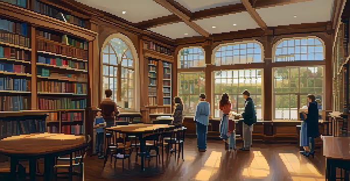 A cozy early library in Carlsbad with wooden shelves, warm lighting, and community members reading.