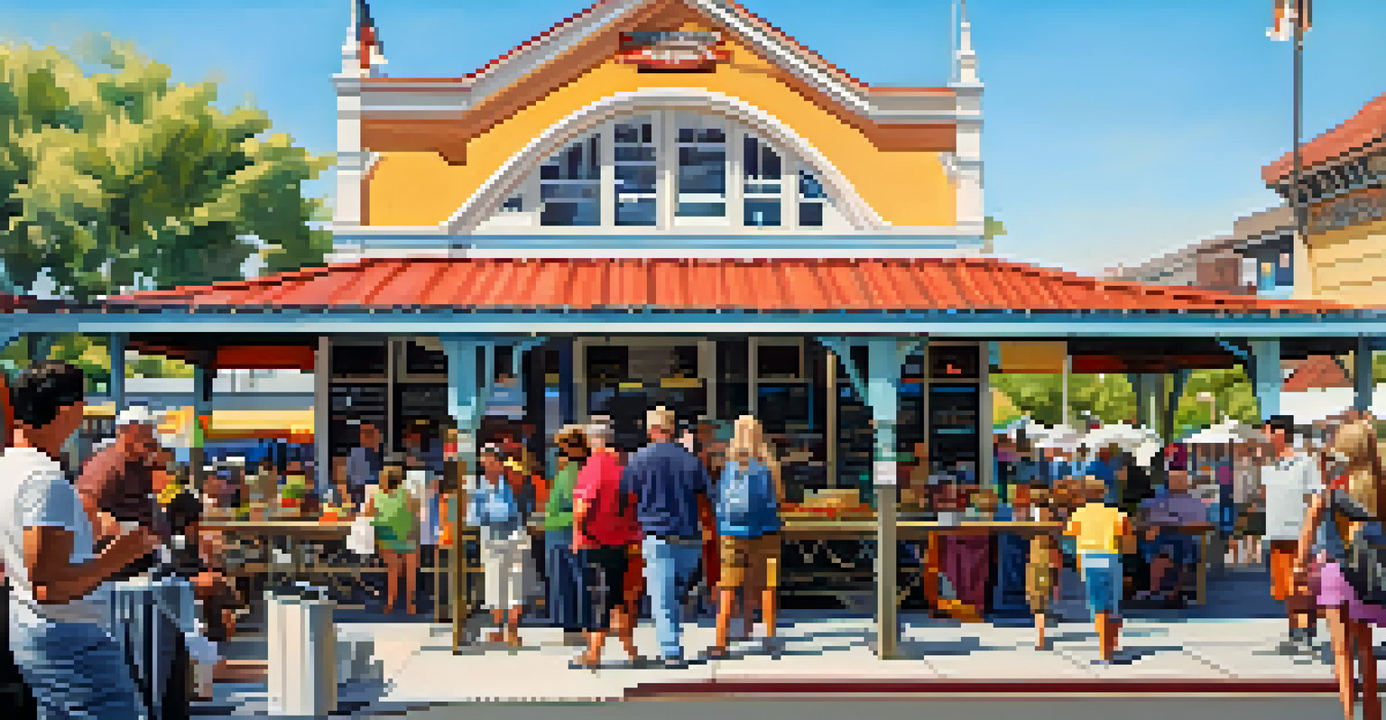 A vibrant community scene at Carlsbad's train station, with locals and tourists enjoying food stalls and markets, surrounded by colorful decorations and the historic building.