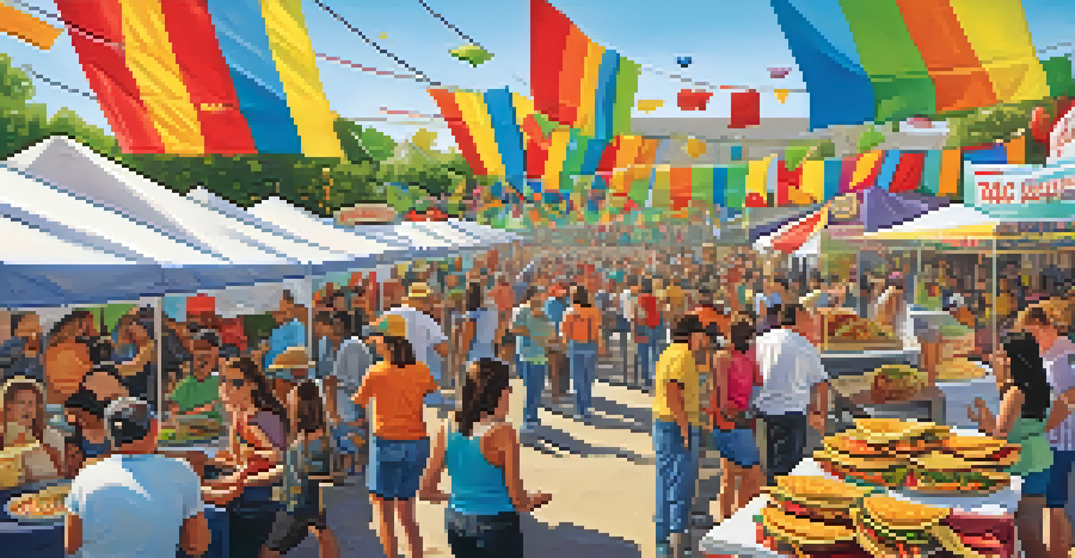 A lively taco festival with colorful booths, happy attendees sampling a variety of tacos, and a festive atmosphere.