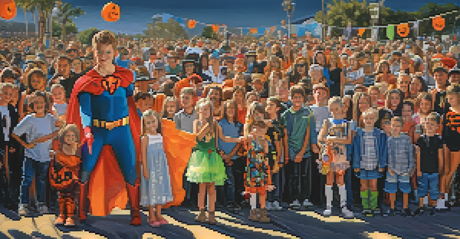 Children in creative costumes participating in a costume contest at the Halloween carnival, with a decorated stage and cheering audience.