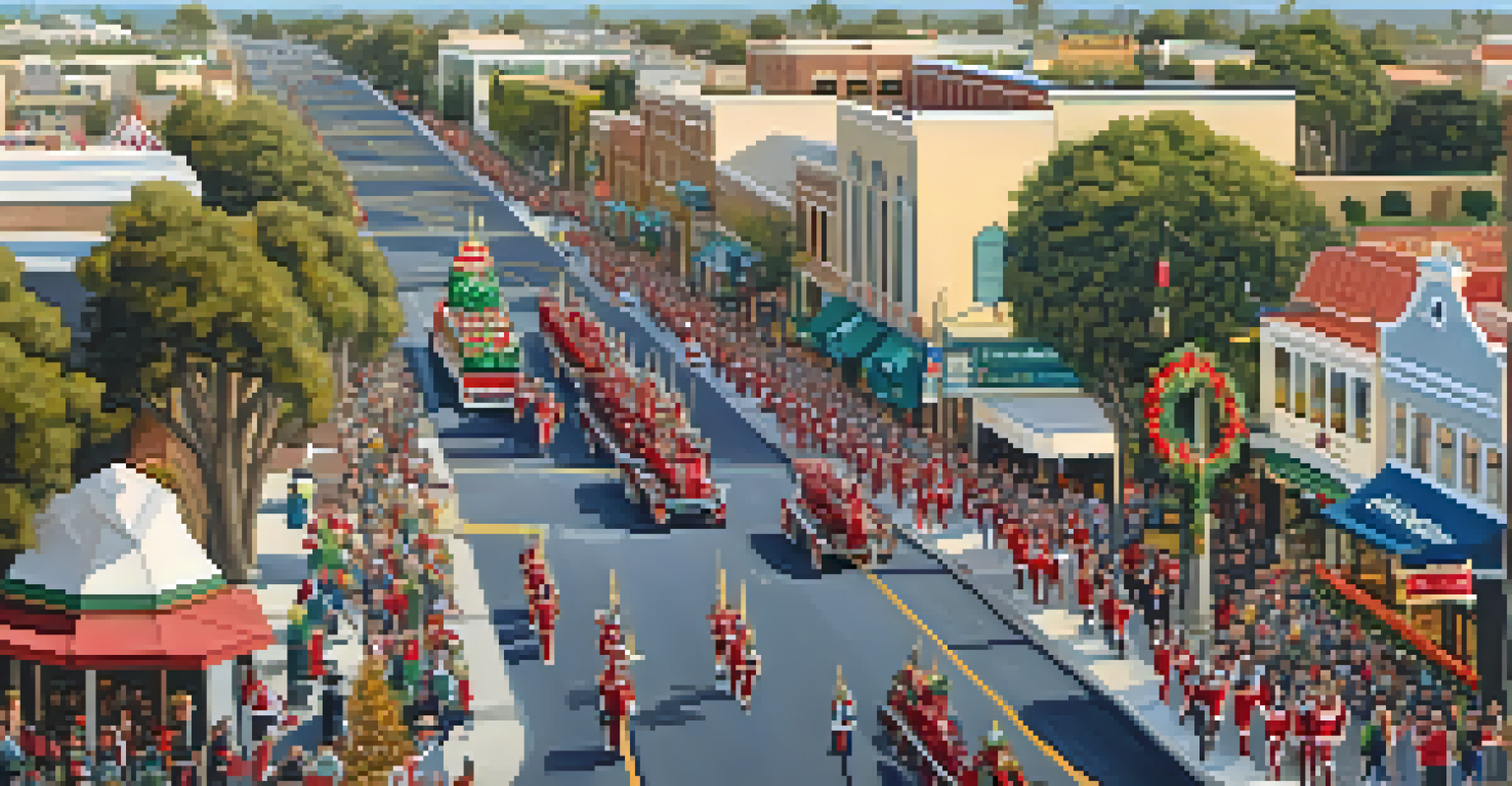Aerial view of the Carlsbad Christmas Parade with bands and spectators in downtown, showcasing a festive atmosphere.
