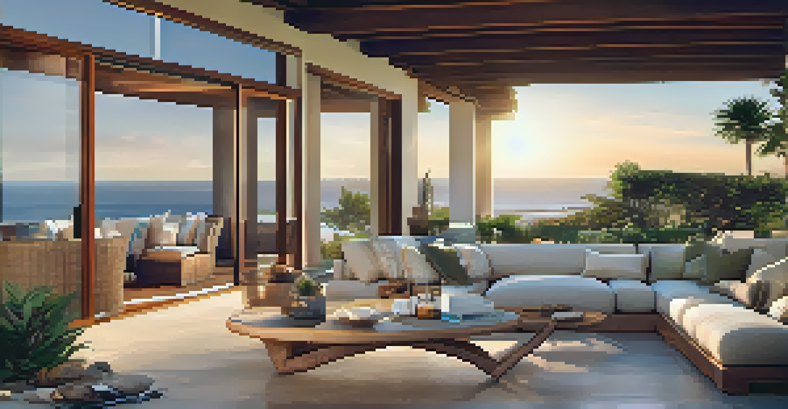 A luxury home with large windows overlooking the ocean, surrounded by lush greenery.