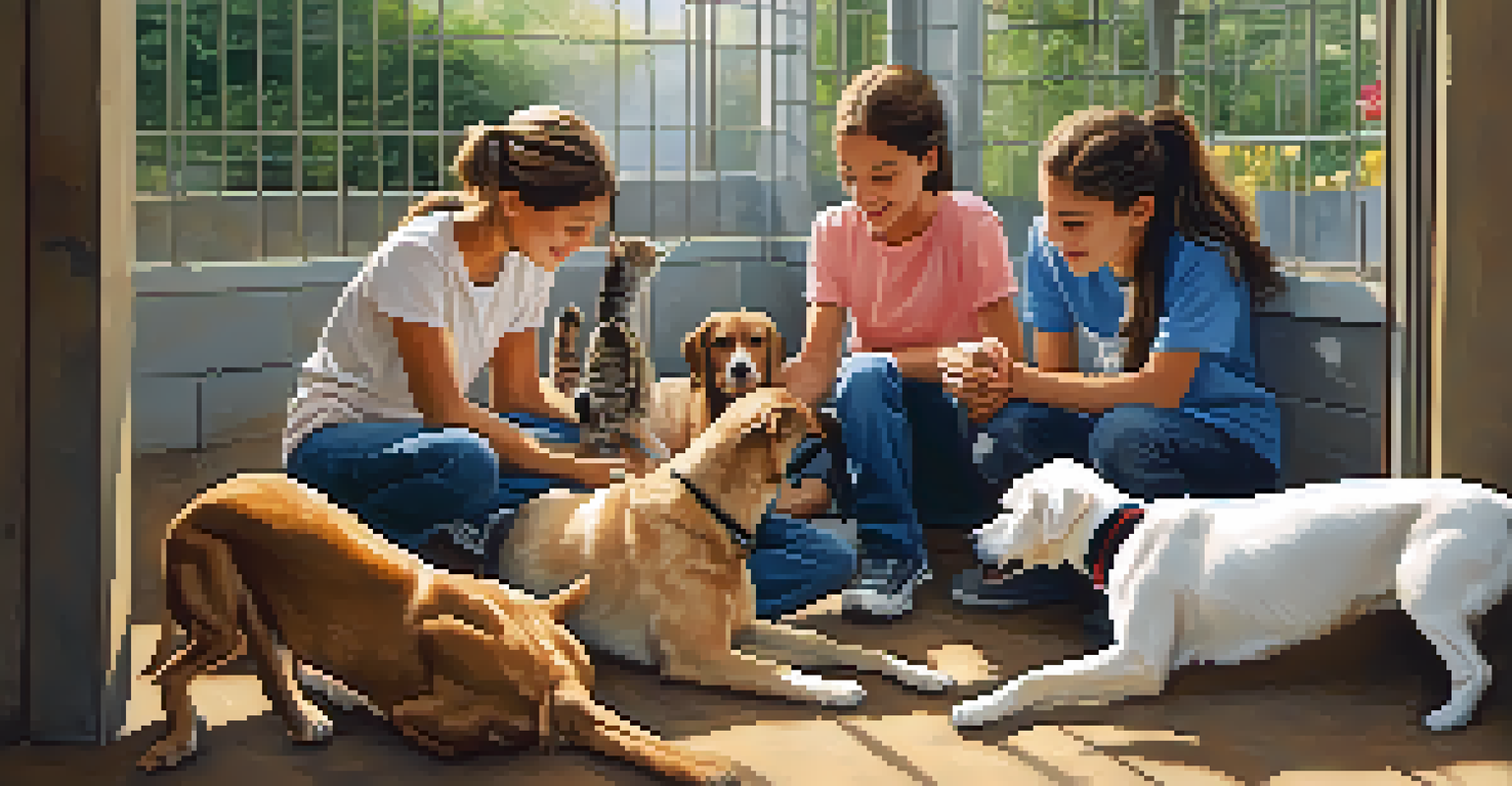 Teenagers volunteering at an animal shelter, interacting with dogs and cats in a clean, well-lit environment.