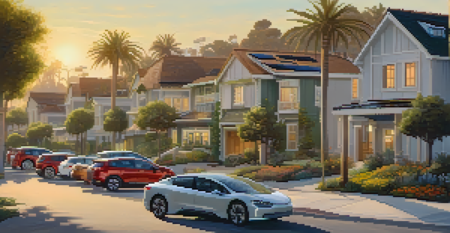 Residential street in Carlsbad with electric vehicles and eco-friendly homes during golden hour light.