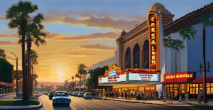 A sunset view of the Carlsbad Theater District with illuminated theaters and bustling sidewalks.