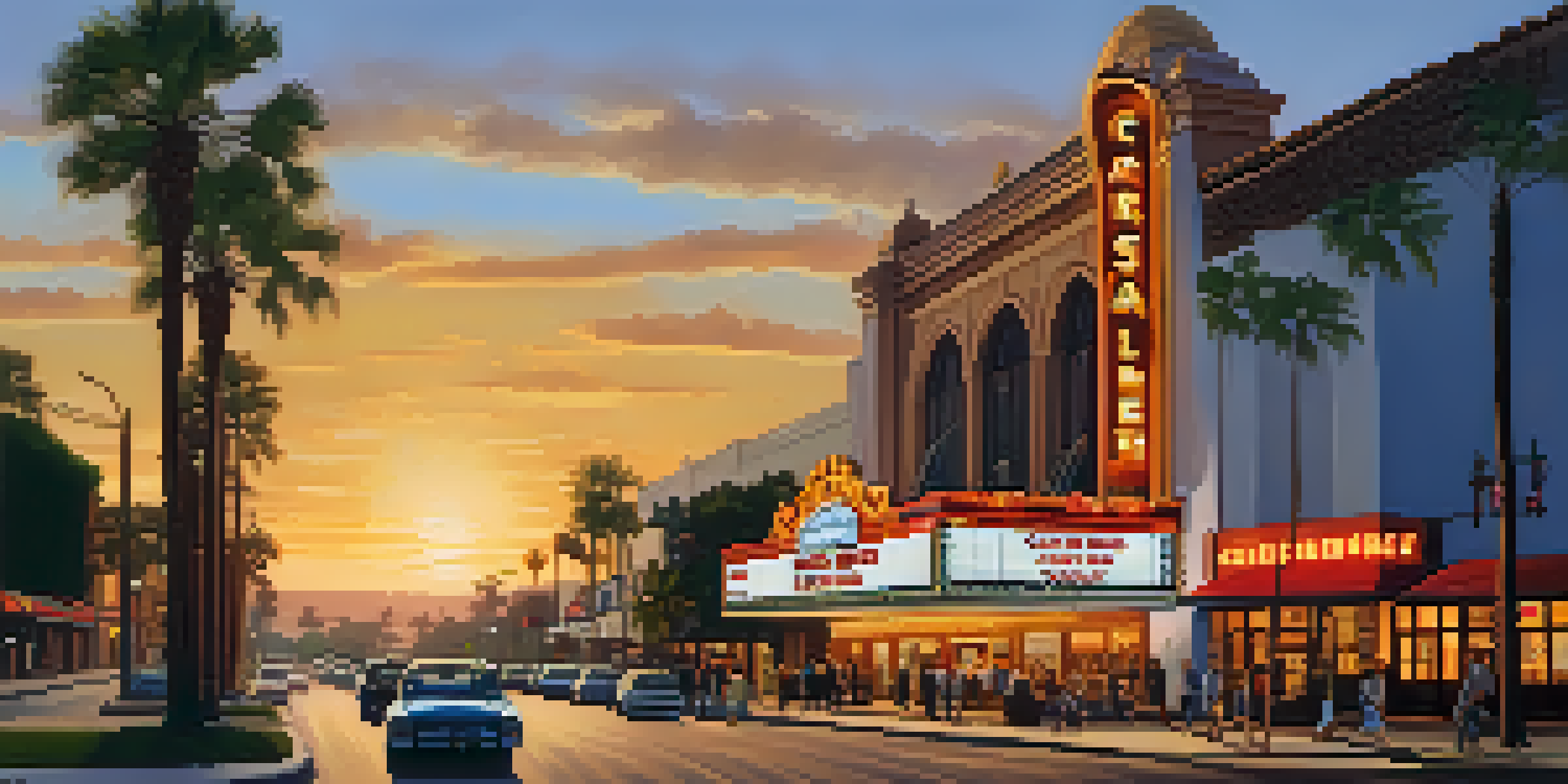 A sunset view of the Carlsbad Theater District with illuminated theaters and bustling sidewalks.