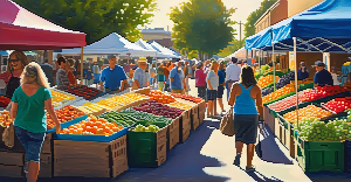 A lively Farmers Market in Carlsbad with families enjoying fresh produce and a musician playing guitar.