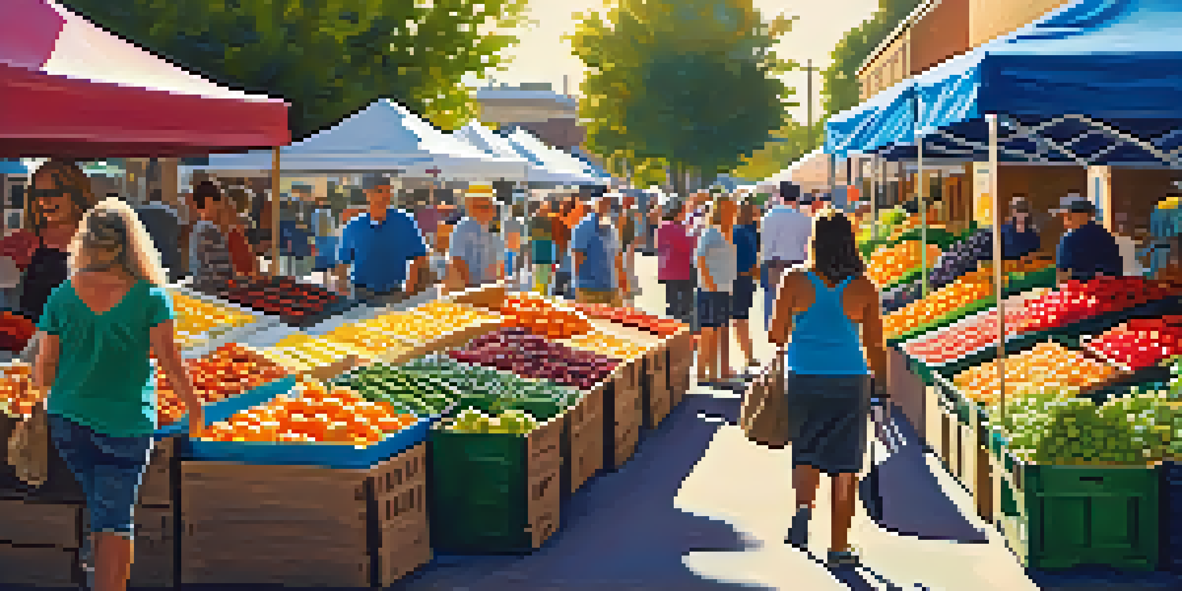 A lively Farmers Market in Carlsbad with families enjoying fresh produce and a musician playing guitar.