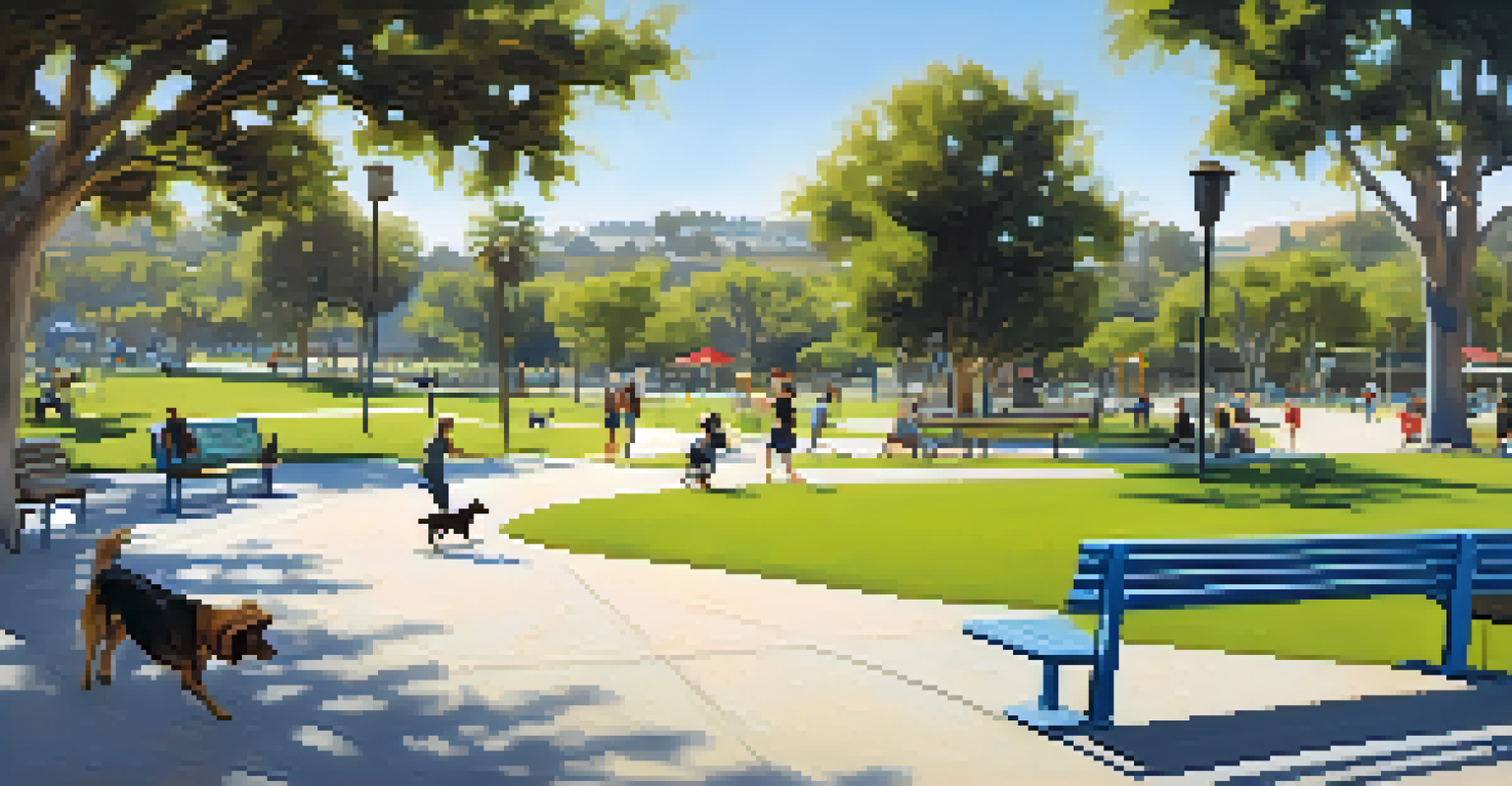 A lively dog park in Carlsbad with dogs playing and owners relaxing on benches under the blue sky.