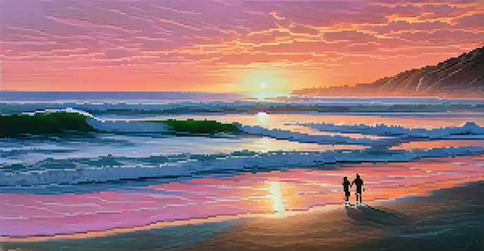 A beautiful sunset at South Ponto Beach with surfers and gentle waves under a colorful sky.