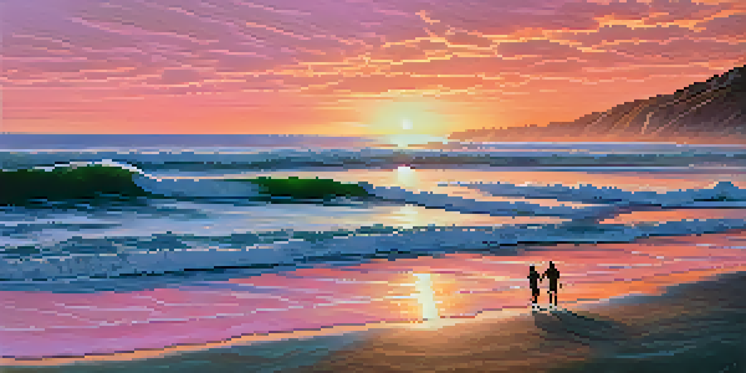 A beautiful sunset at South Ponto Beach with surfers and gentle waves under a colorful sky.