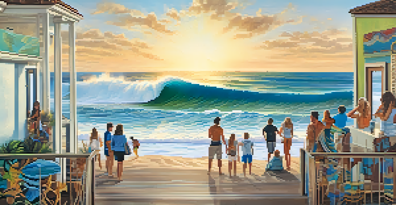 A close-up view of a colorful mural depicting surf culture in Carlsbad, with surfers and vibrant ocean waves.