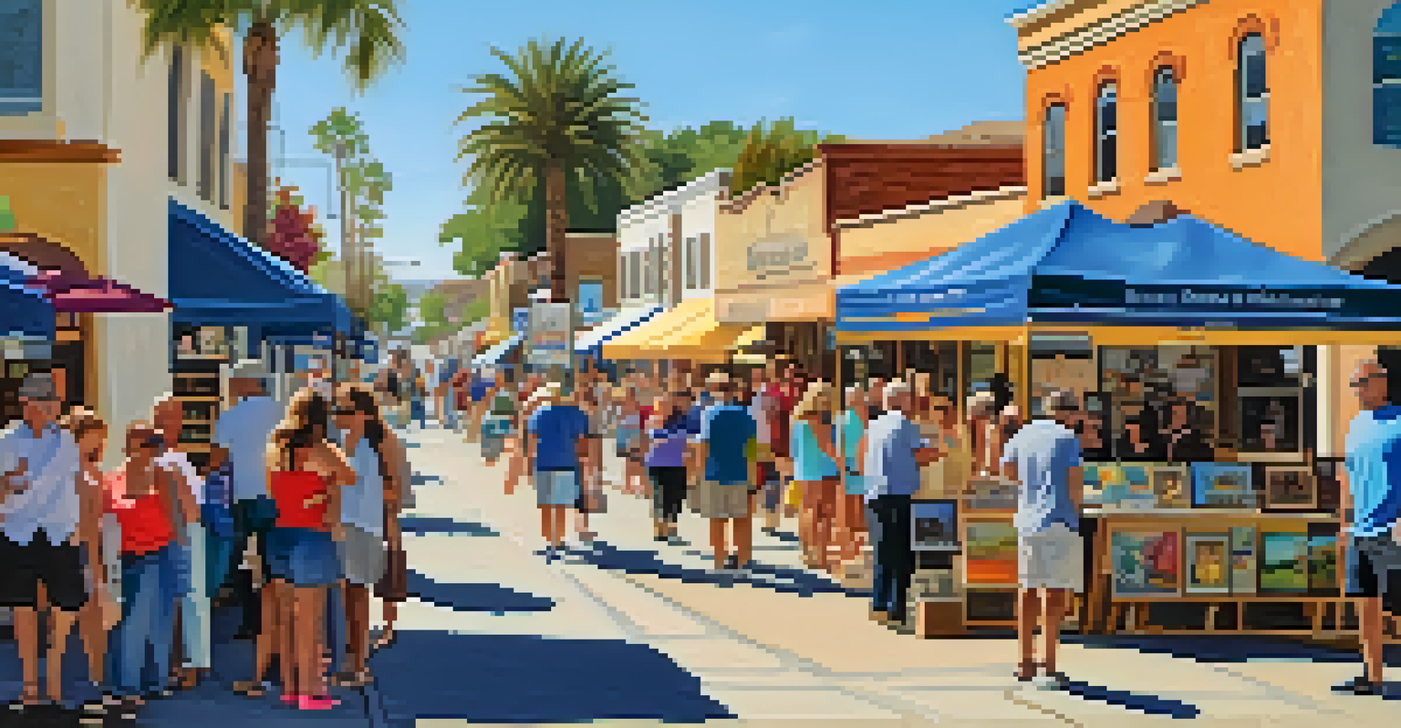 Local artists showcasing their work along a busy street in Carlsbad with colorful murals and banners in a sunny atmosphere.