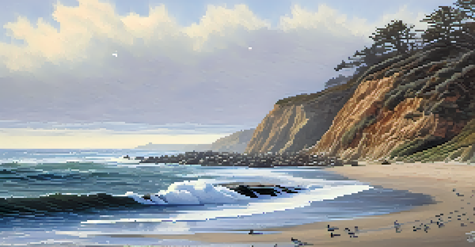A calm winter coastal scene in Carlsbad featuring gray whales spouting in the distance and migratory birds by the water under soft, cool light.