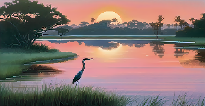 A beautiful sunset over Agua Hedionda Lagoon, with a heron by the water and lush greenery surrounding the scene.