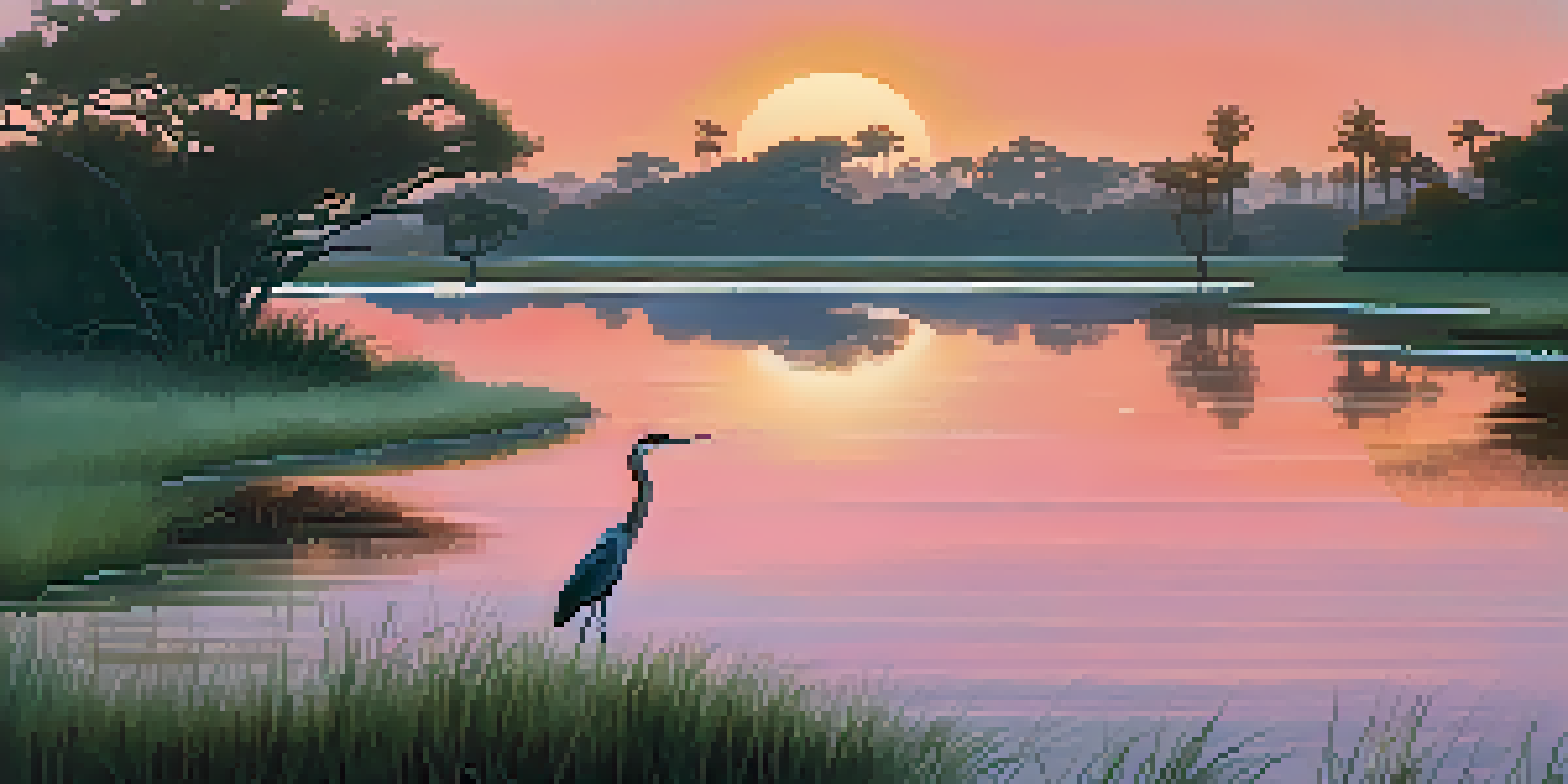 A beautiful sunset over Agua Hedionda Lagoon, with a heron by the water and lush greenery surrounding the scene.